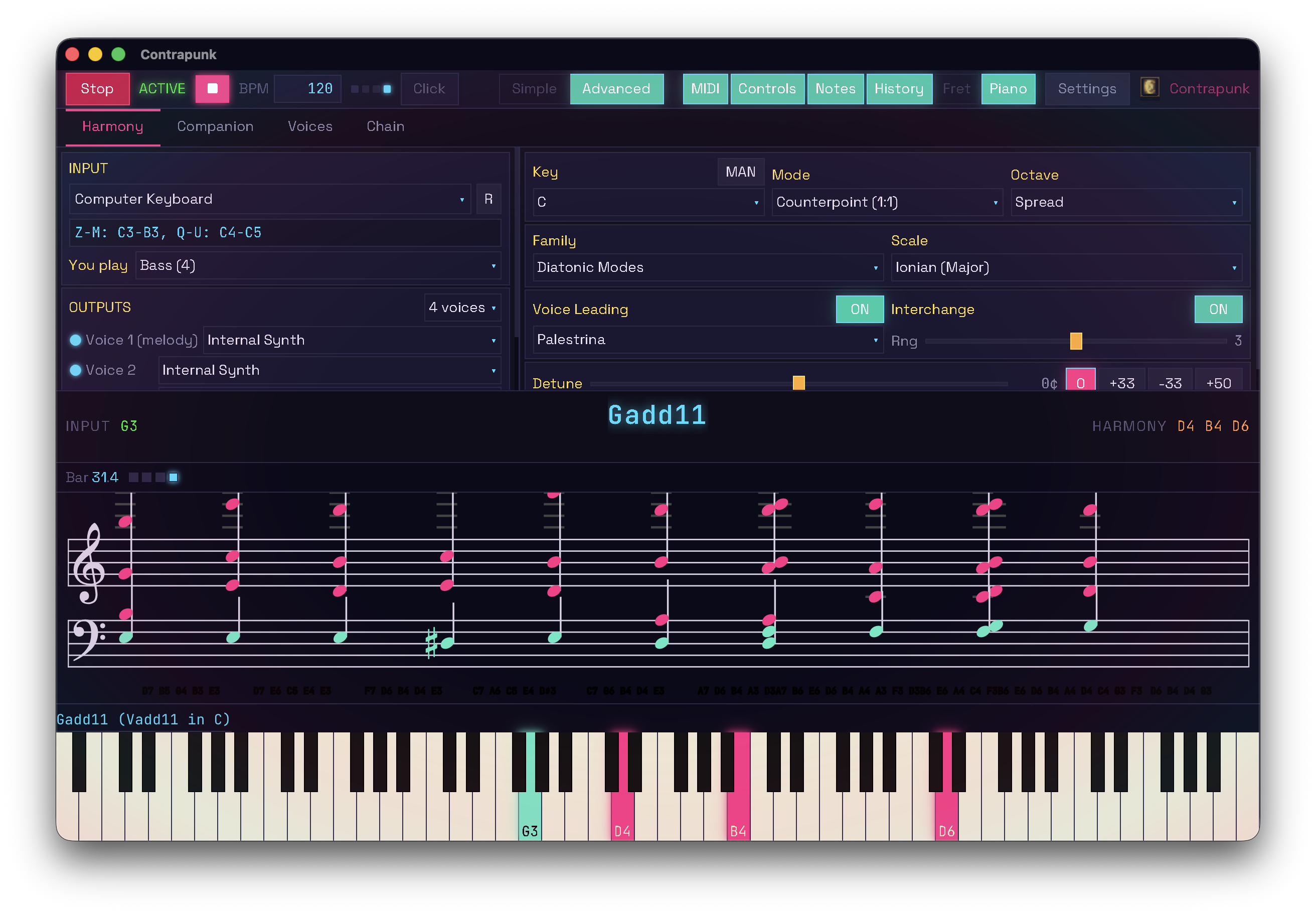 Live harmony · 4-voice chorale resolves a Gadd11 in real time