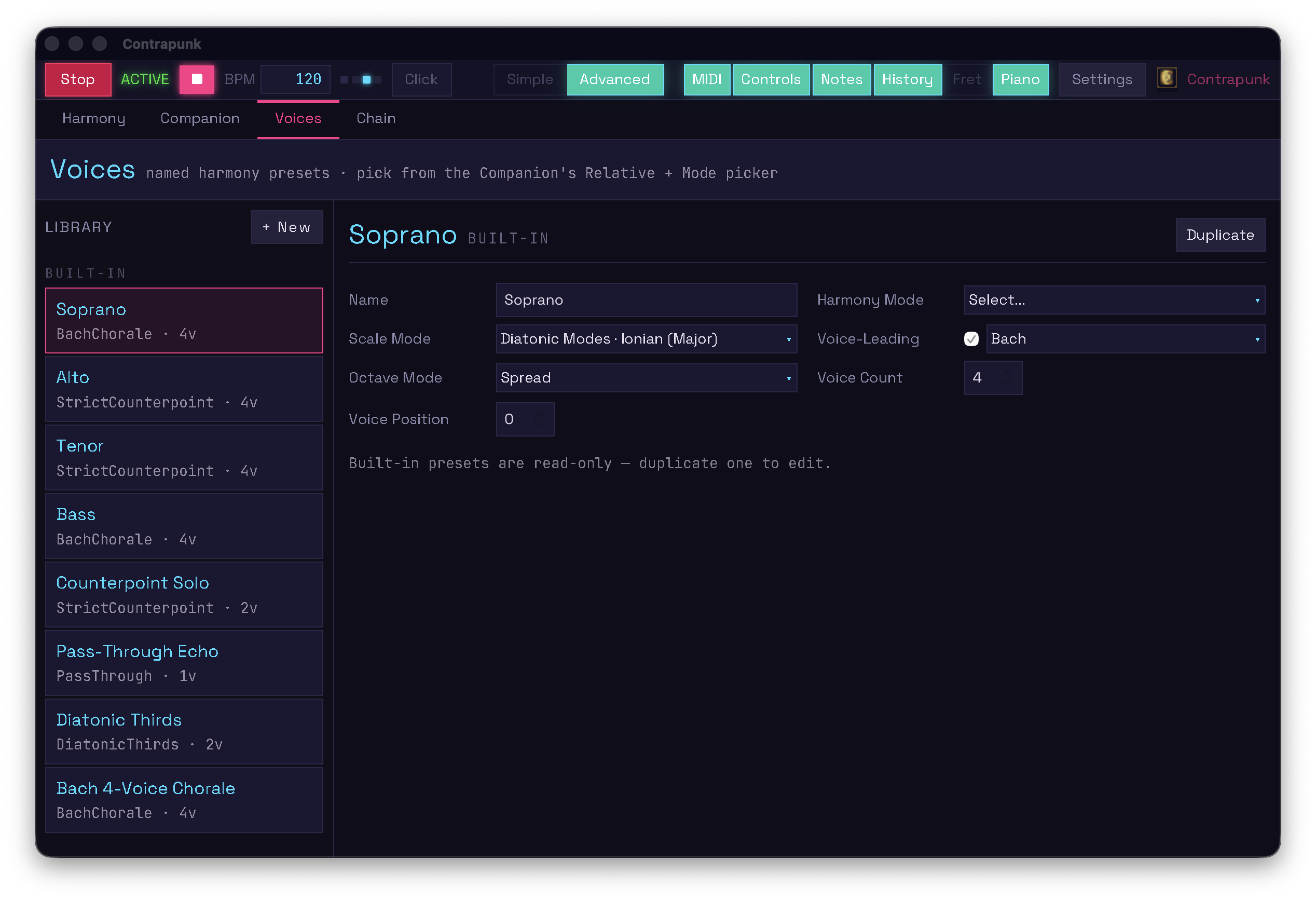 Voice Library · named harmony presets · bind any voice slot