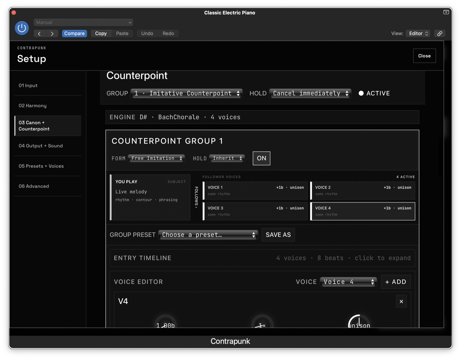Canon + Counterpoint · four independent followers with per-voice timing and interval controls