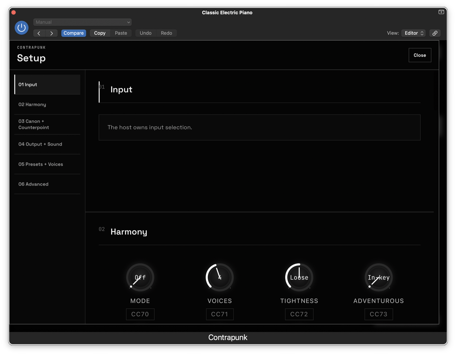 Setup · host-owned MIDI input and MIDI-learnable harmony controls
